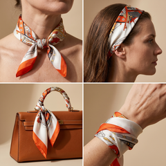 Roselys Paris foulard femme blanc rouge fleuri carré satiné 70x70 cm, en bandeau dans les cheveux