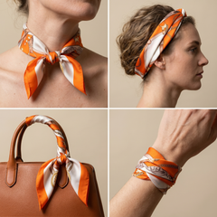 Roselys Paris foulard femme crème orange baroque carré satiné 70x70 cm, porté au cou