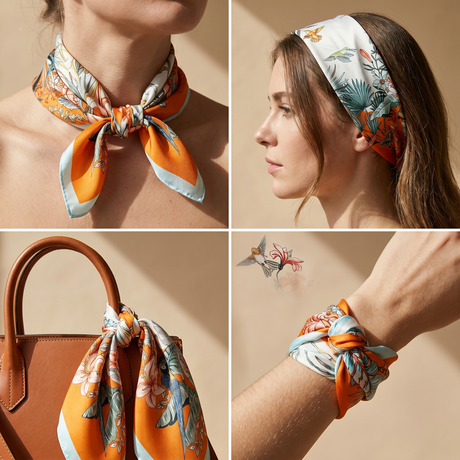 Roselys Paris foulard femme crème orange fleuri carré satiné 70x70 cm, en bandeau dans les cheveux