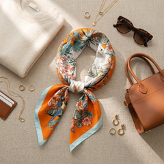 Roselys Paris foulard femme crème orange fleuri carré satiné 70x70 cm, porté au cou