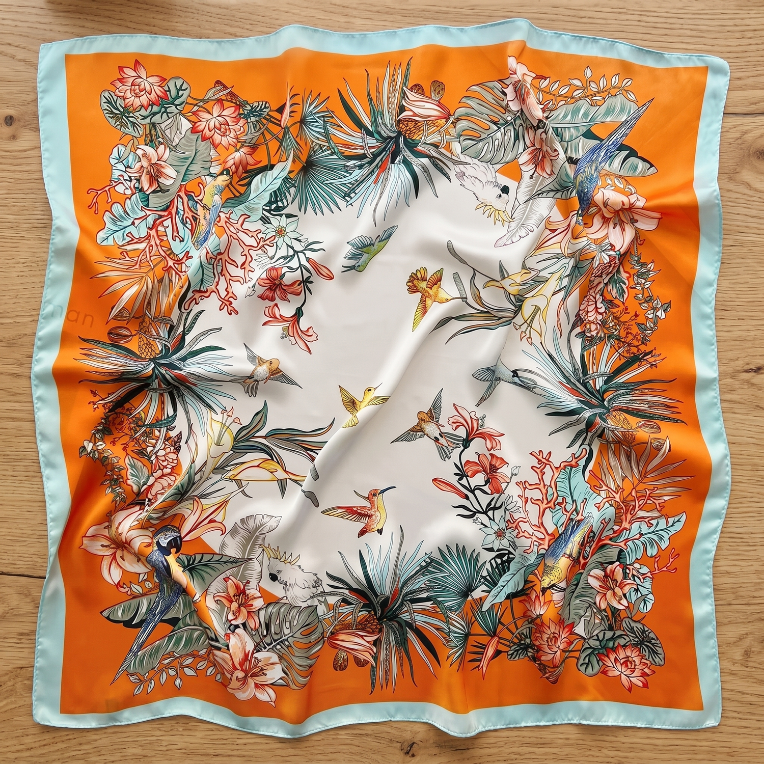 Roselys Paris foulard femme crème orange fleuri carré satiné 70x70 cm