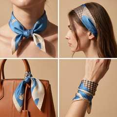 Roselys Paris foulard femme bleu crème abstrait carré satiné 70x70 cm, en bandeau dans les cheveux