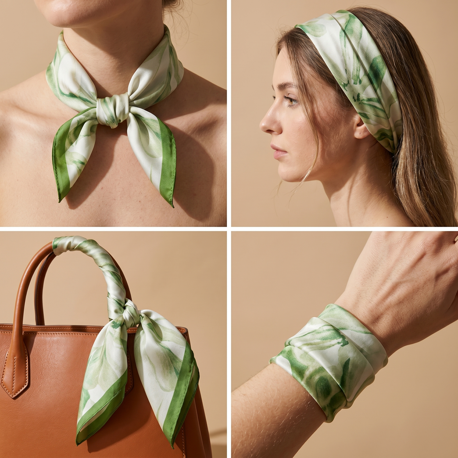 Roselys Paris foulard femme blanc vert fleuri carré satiné 70x70 cm, en bandeau dans les cheveux