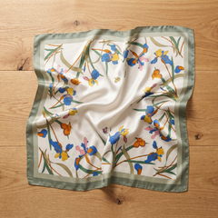 Roselys Paris foulard femme crème vert fleuri carré satiné 70x70 cm