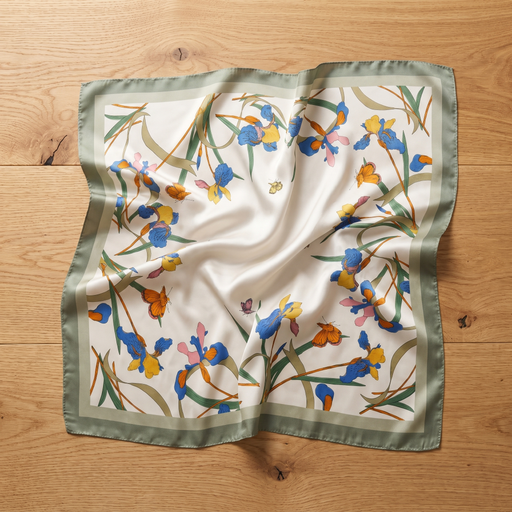 Roselys Paris foulard femme crème vert fleuri carré satiné 70x70 cm