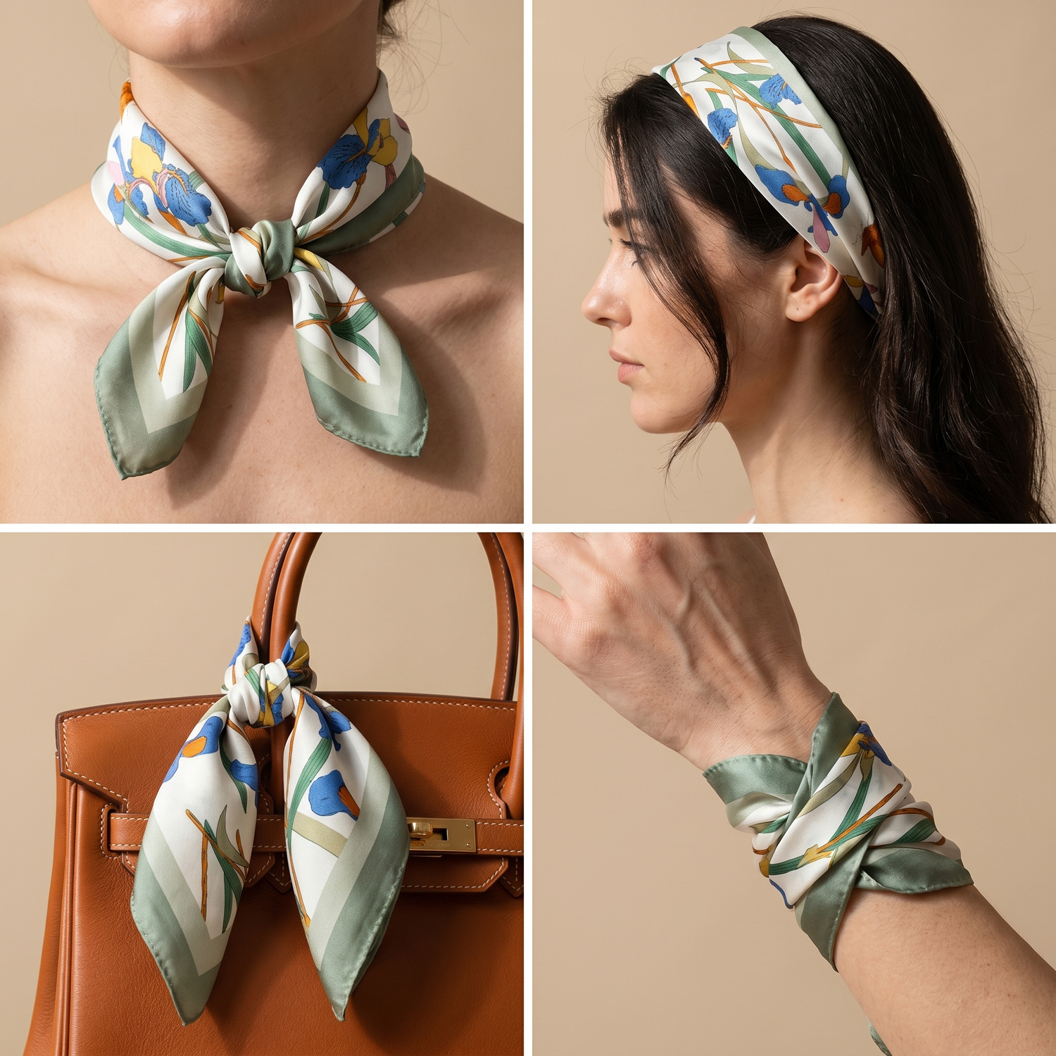 Roselys Paris foulard femme crème vert fleuri carré satiné 70x70 cm, en bandeau dans les cheveux