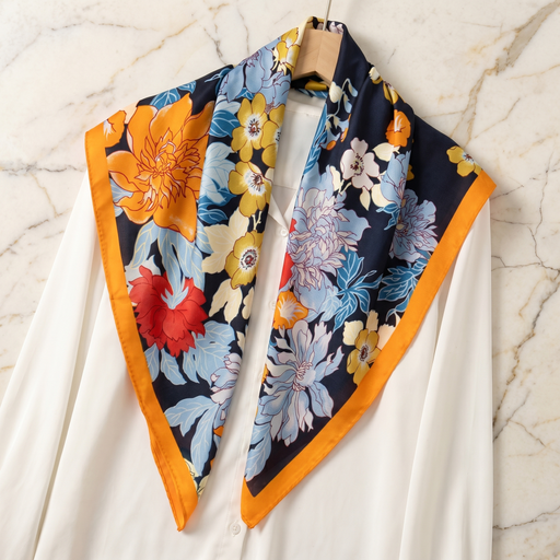 Roselys Paris foulard femme marine orange fleuri carré satiné 70x70 cm