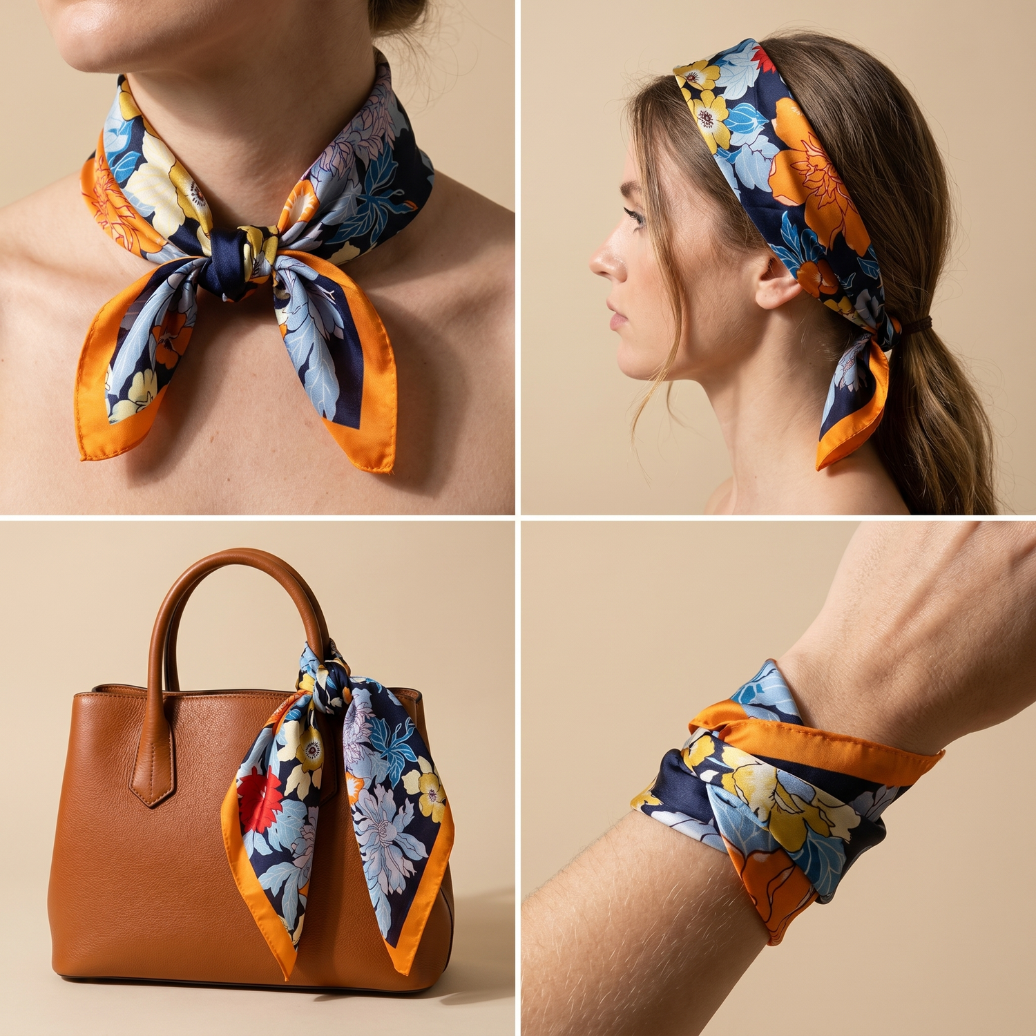 Roselys Paris foulard femme marine orange fleuri carré satiné 70x70 cm, en bandeau dans les cheveux