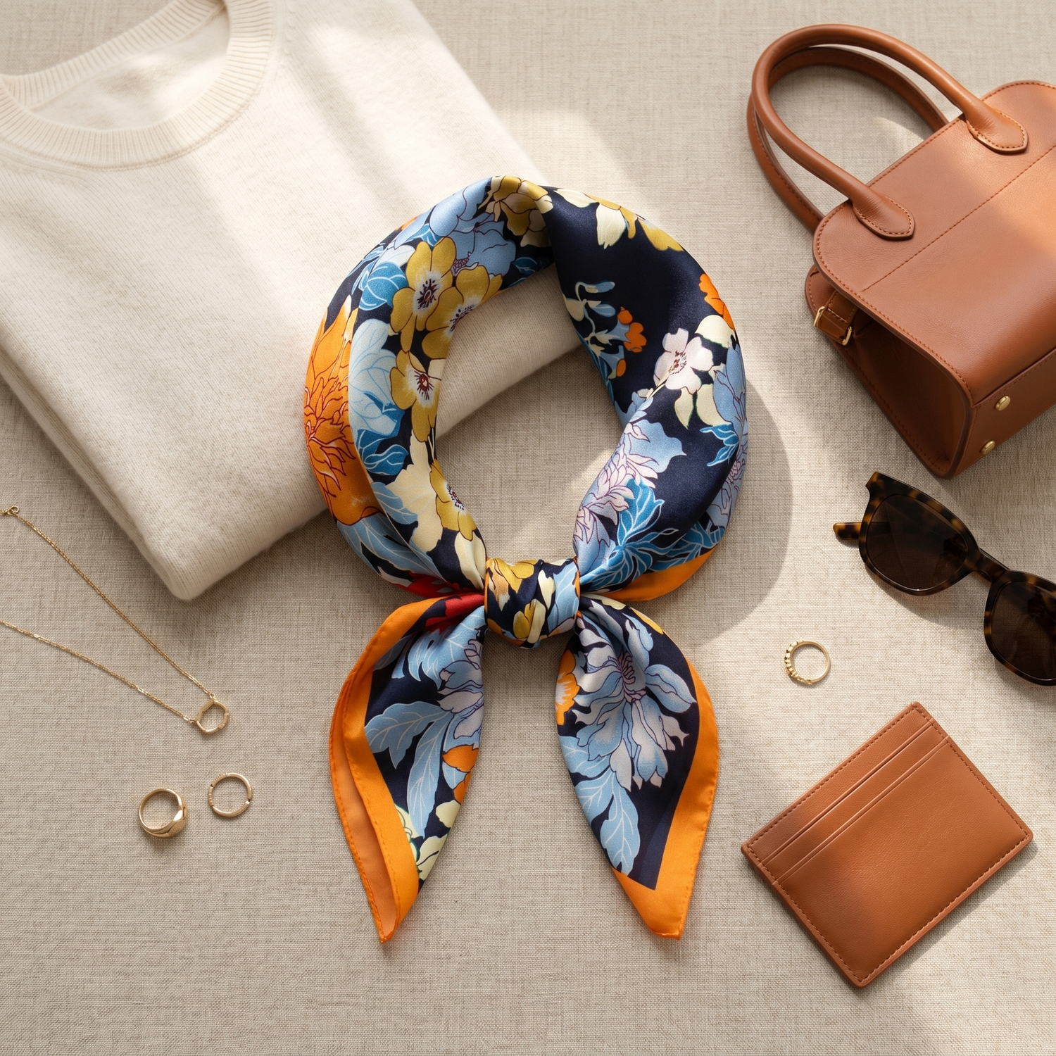 Roselys Paris foulard femme marine orange fleuri carré satiné 70x70 cm, porté au cou