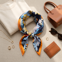 Roselys Paris foulard femme marine orange fleuri carré satiné 70x70 cm, porté au cou