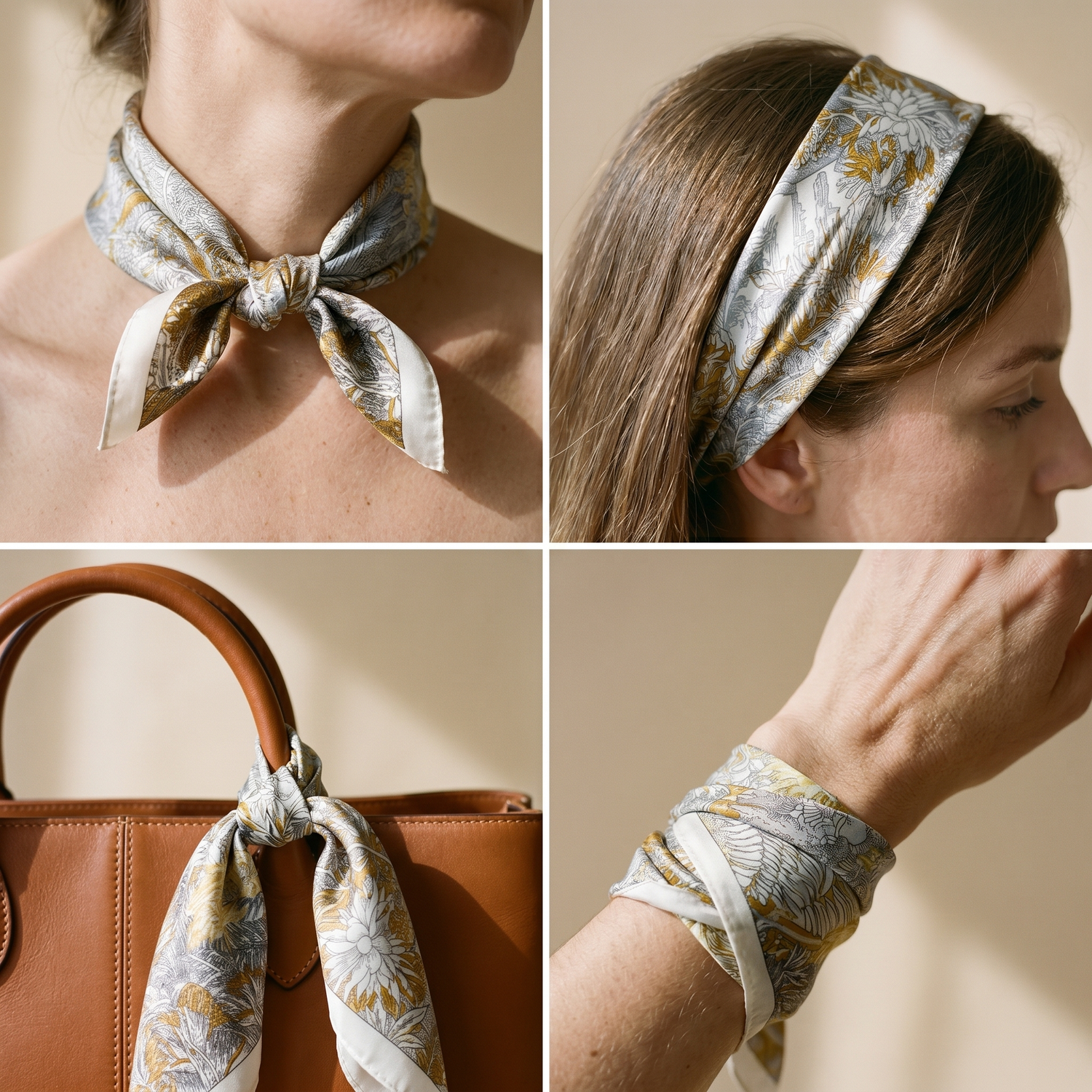 Roselys Paris foulard femme crème doré baroque carré satiné 70x70 cm, en bandeau dans les cheveux