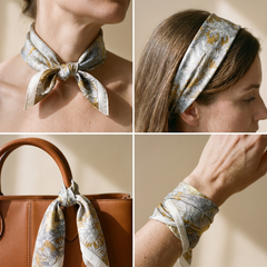 Roselys Paris foulard femme crème doré baroque carré satiné 70x70 cm, en bandeau dans les cheveux