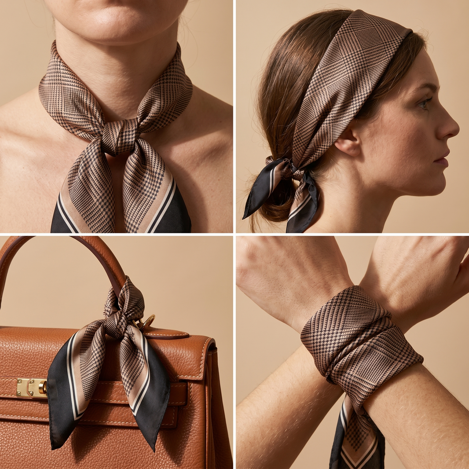 Roselys Paris foulard femme marron crème géométrique carré satiné 70x70 cm, en bandeau dans les cheveux