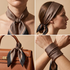 Roselys Paris foulard femme marron crème géométrique carré satiné 70x70 cm, en bandeau dans les cheveux