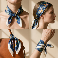 Roselys Paris foulard femme marine orange fleuri carré satiné 70x70 cm, en bandeau dans les cheveux