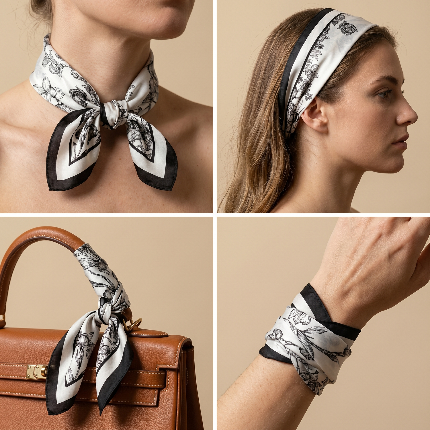 Roselys Paris foulard femme blanc gris fleuri carré satiné 70x70 cm, en bandeau dans les cheveux