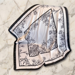 Roselys Paris foulard femme blanc gris fleuri carré satiné 70x70 cm