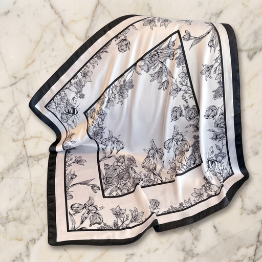 Foulard femme 70×70 cm Fleuri crème noir – Roselys Paris