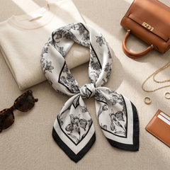 Roselys Paris foulard femme blanc gris fleuri carré satiné 70x70 cm, porté au cou