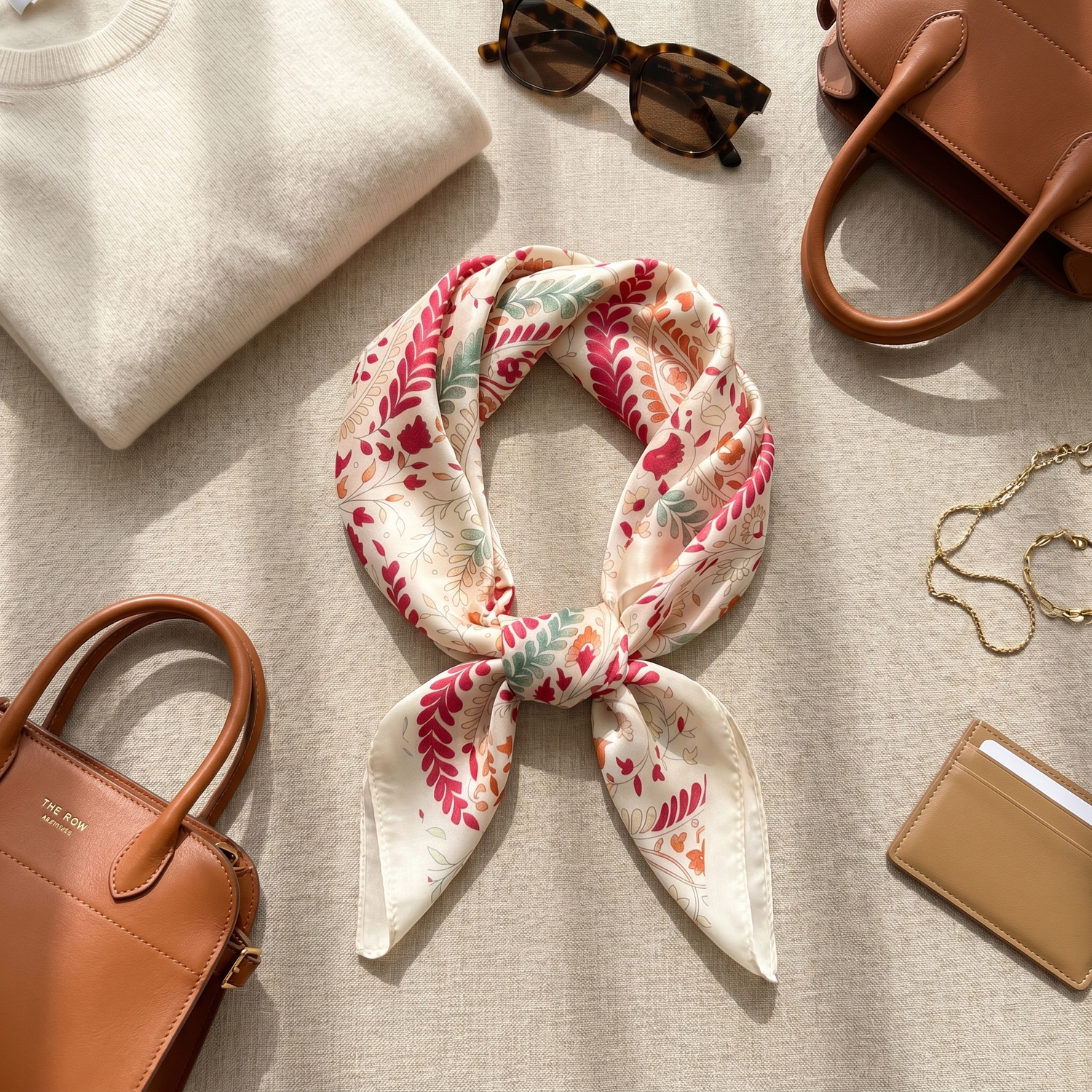 Roselys Paris foulard femme crème rose fleuri carré satiné 70x70 cm, porté au cou