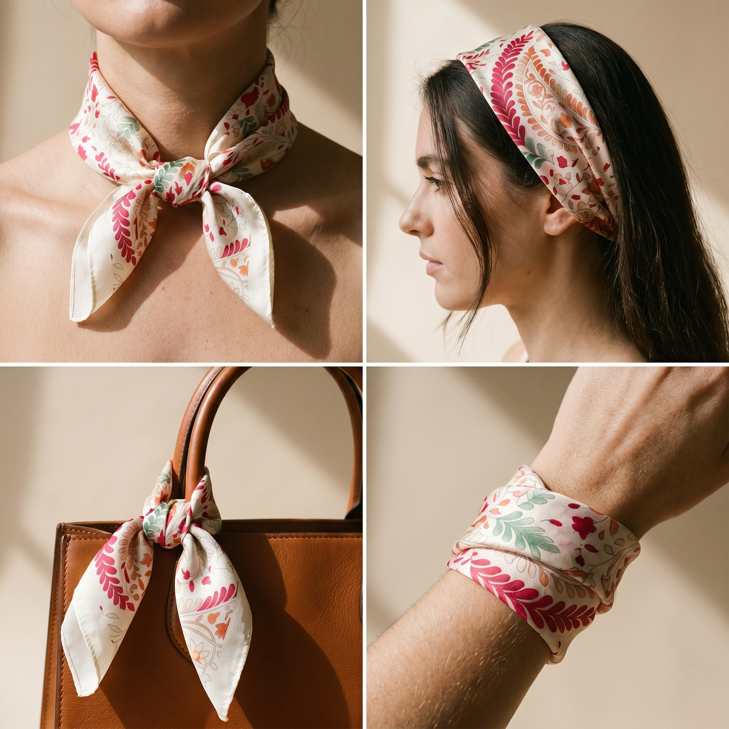 Roselys Paris foulard femme crème rose fleuri carré satiné 70x70 cm, en bandeau dans les cheveux