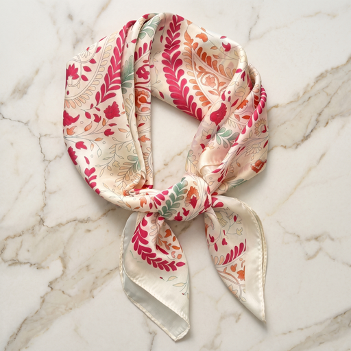Foulard femme 70×70 cm Fleuri crème rose – Roselys Paris