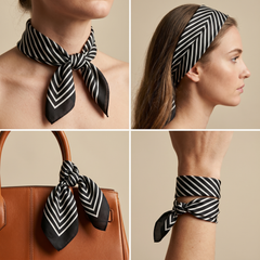 Roselys Paris foulard femme noir blanc géométrique carré satiné 70x70 cm, en bandeau dans les cheveux