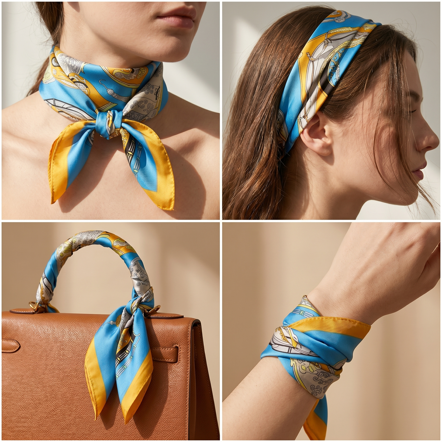 Roselys Paris foulard femme bleu jaune fleuri carré satiné 70x70 cm, en bandeau dans les cheveux