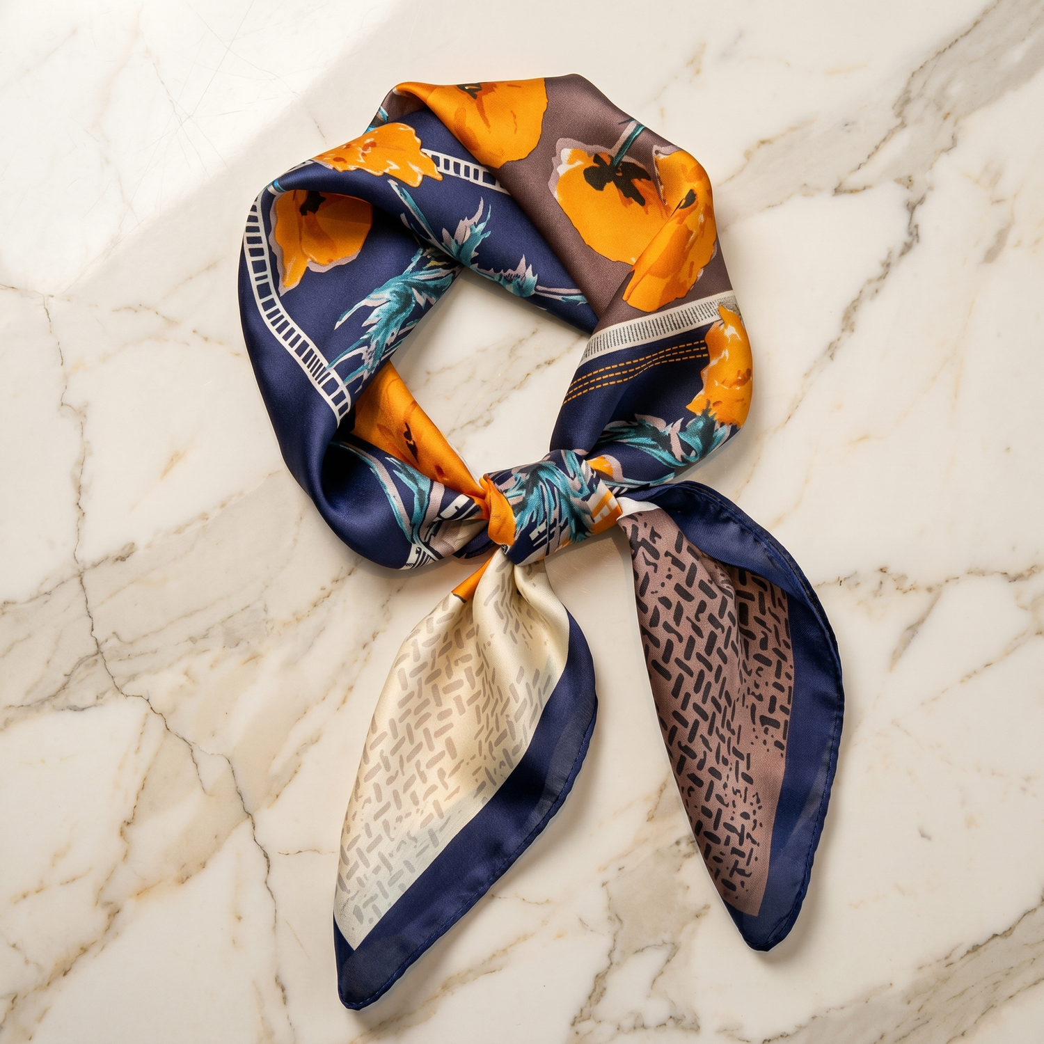 Roselys Paris foulard femme marine orange baroque carré satiné 70x70 cm