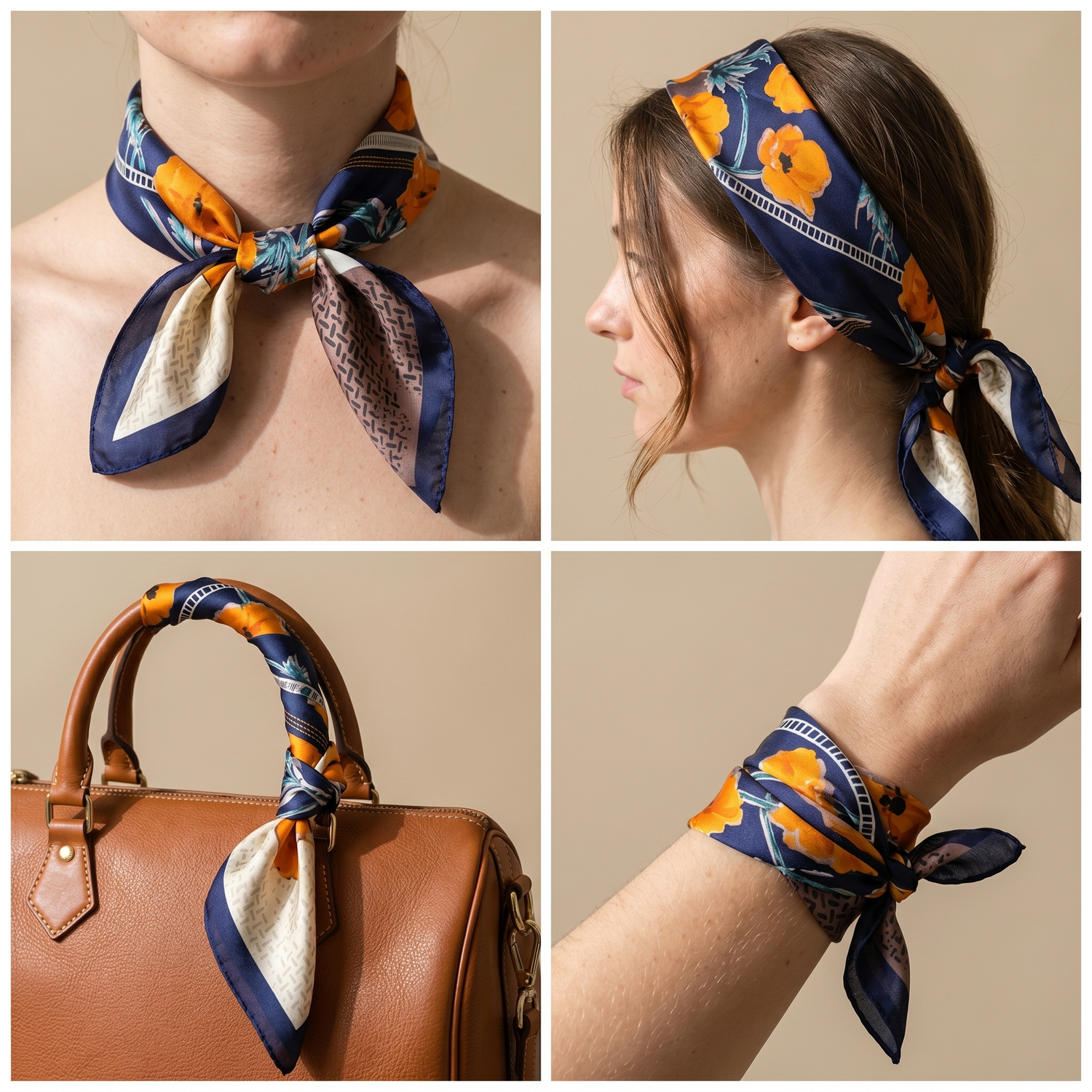 Roselys Paris foulard femme marine orange baroque carré satiné 70x70 cm, en bandeau dans les cheveux