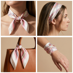 Roselys Paris foulard femme crème rose abstrait carré satiné 70x70 cm, en bandeau dans les cheveux