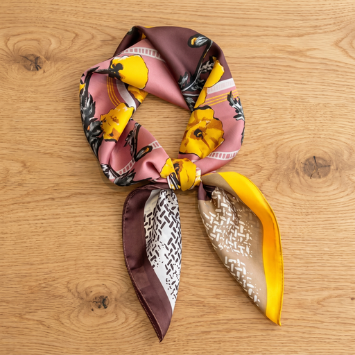 Foulard femme 70×70 cm Fleuri rose jaune – Roselys Paris