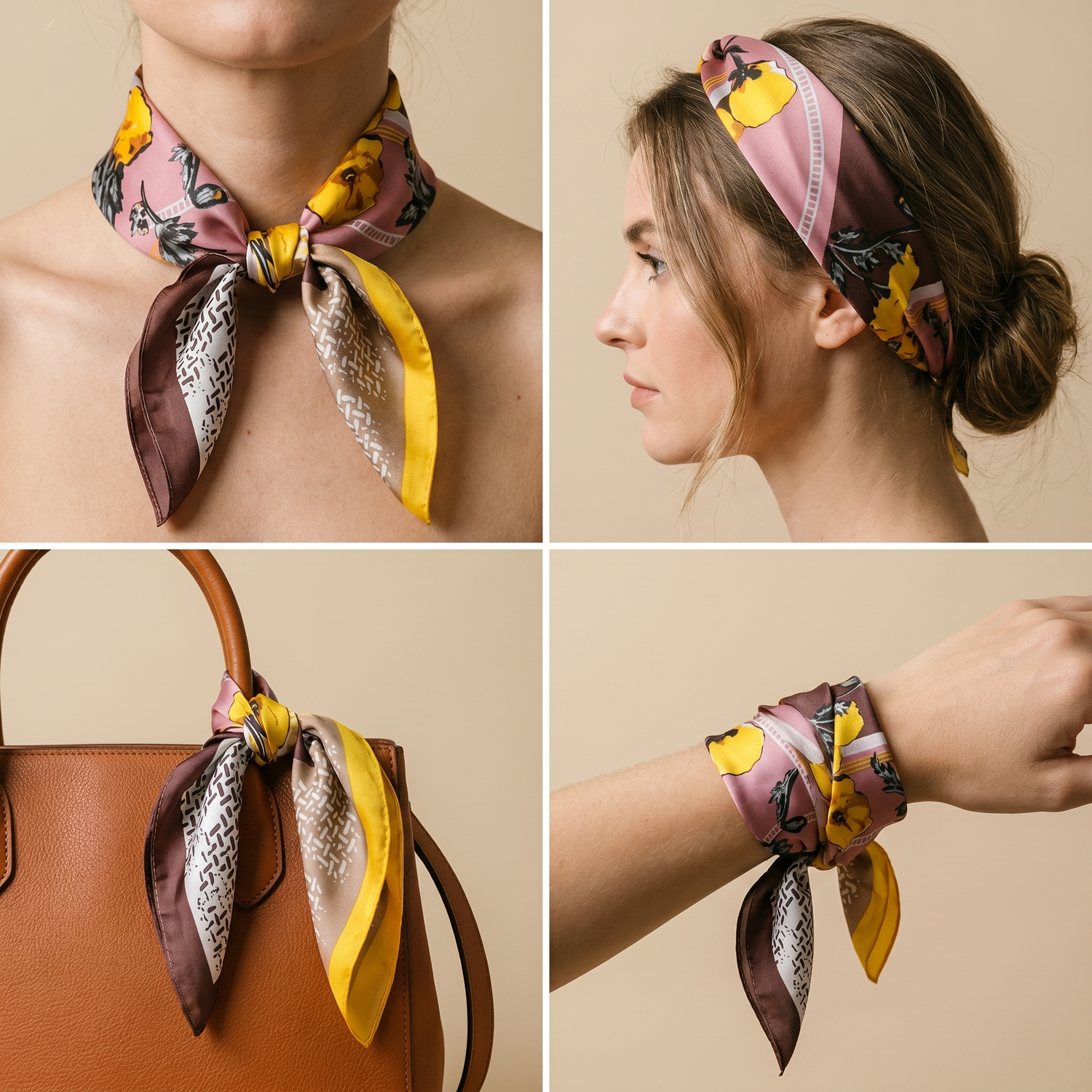 Roselys Paris foulard femme rose jaune abstrait carré satiné 70x70 cm, en bandeau dans les cheveux
