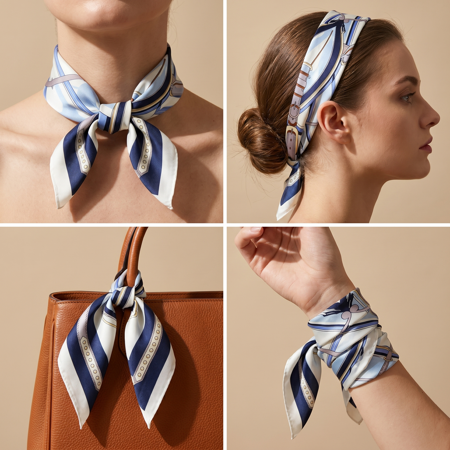 Roselys Paris foulard femme blanc marine abstrait carré satiné 70x70 cm, en bandeau dans les cheveux