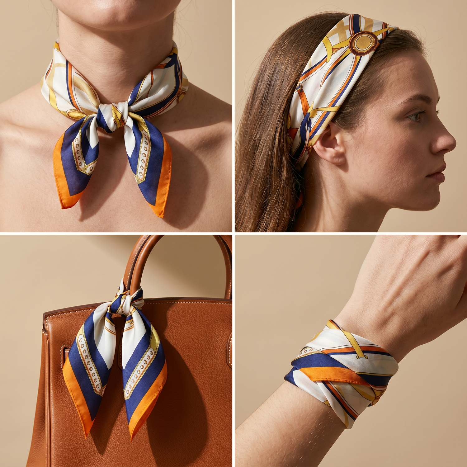 Roselys Paris foulard femme crème orange abstrait carré satiné 70x70 cm, en bandeau dans les cheveux
