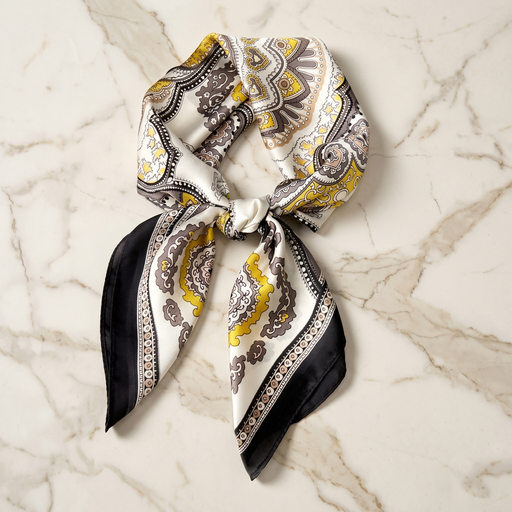 Foulard femme 70×70 cm Paisley blanc noir – Roselys Paris