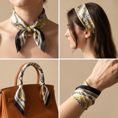Roselys Paris foulard femme crème jaune baroque carré satiné 70x70 cm, en bandeau dans les cheveux