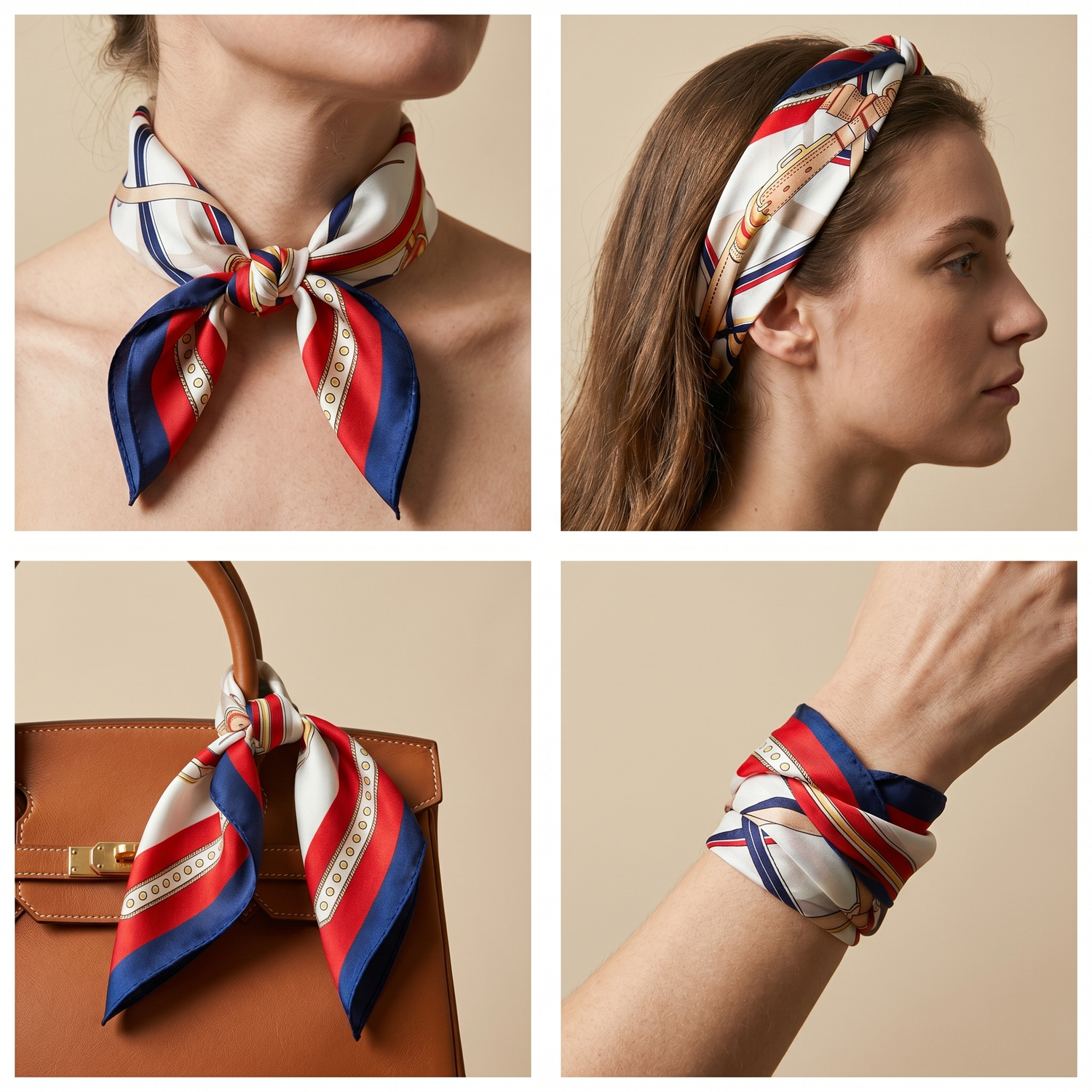 Roselys Paris foulard femme crème rouge baroque carré satiné 70x70 cm, en bandeau dans les cheveux
