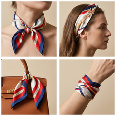 Roselys Paris foulard femme crème rouge baroque carré satiné 70x70 cm, en bandeau dans les cheveux