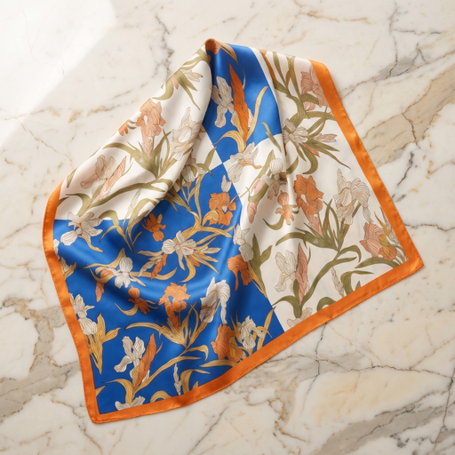 Foulard femme 70×70 cm Fleuri bleu blanc – Roselys Paris