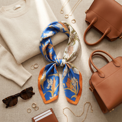 Roselys Paris foulard femme bleu orange fleuri carré satiné 70x70 cm, porté au cou