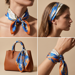 Roselys Paris foulard femme bleu orange fleuri carré satiné 70x70 cm, en bandeau dans les cheveux