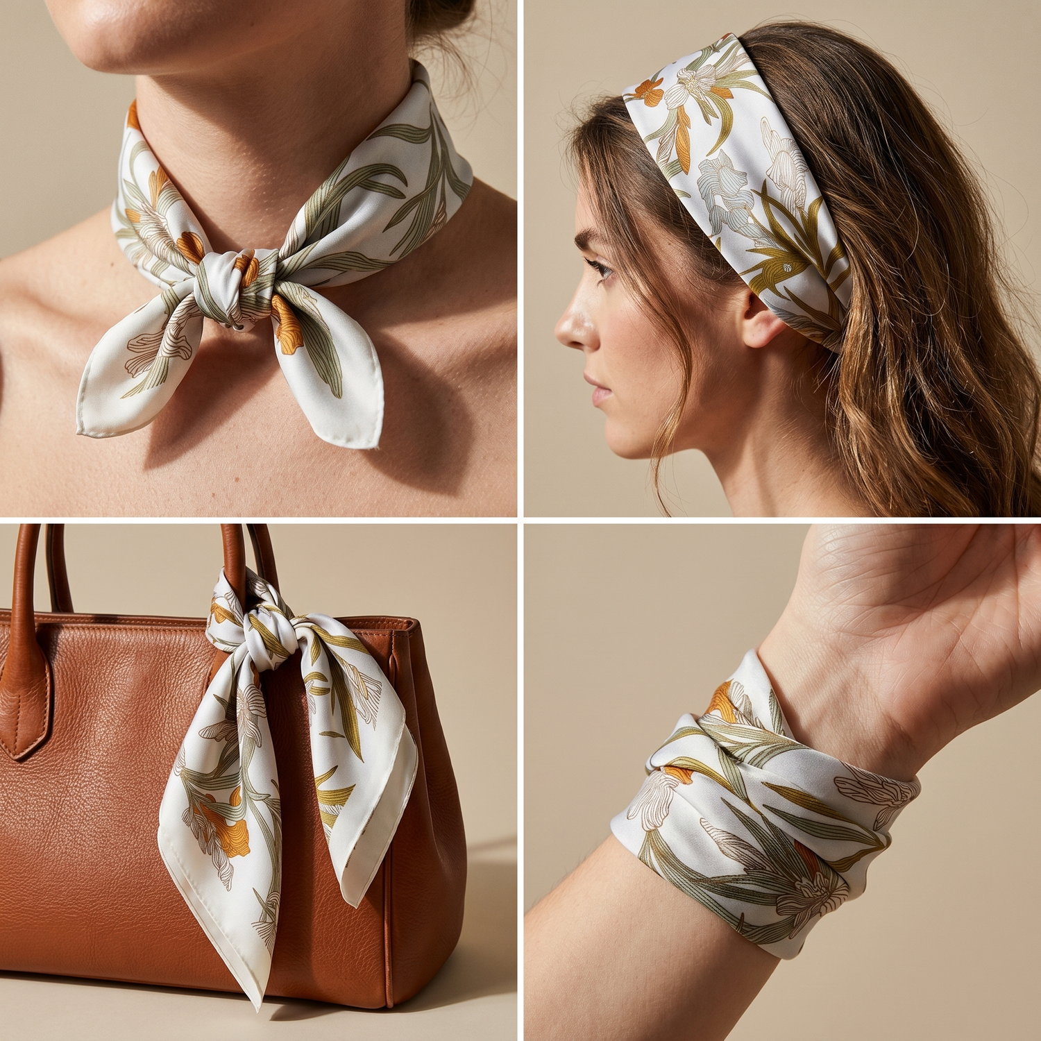 Roselys Paris foulard femme crème vert fleuri carré satiné 70x70 cm, en bandeau dans les cheveux