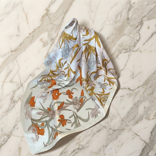 Foulard femme 70×70 cm Fleuri blanc doré – Roselys Paris