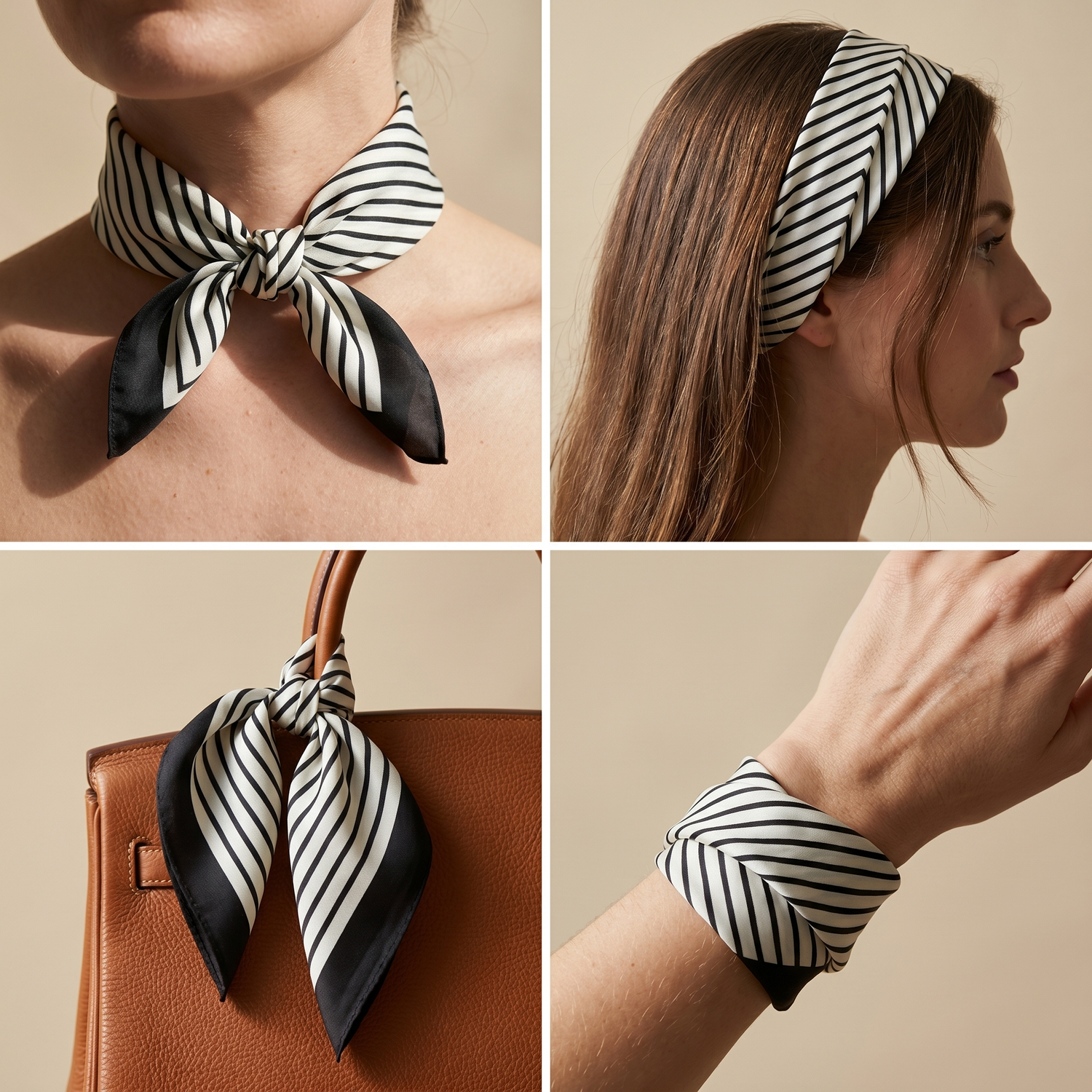 Roselys Paris foulard femme blanc noir géométrique carré satiné 70x70 cm, en bandeau dans les cheveux