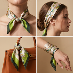 Roselys Paris foulard femme crème vert fleuri carré satiné 70x70 cm, en bandeau dans les cheveux