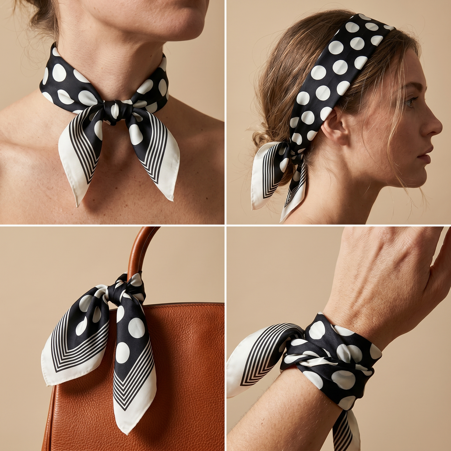 Roselys Paris foulard femme noir blanc géométrique carré satiné 70x70 cm, en bandeau dans les cheveux