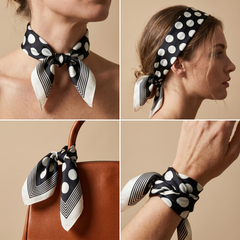 Roselys Paris foulard femme noir blanc géométrique carré satiné 70x70 cm, en bandeau dans les cheveux