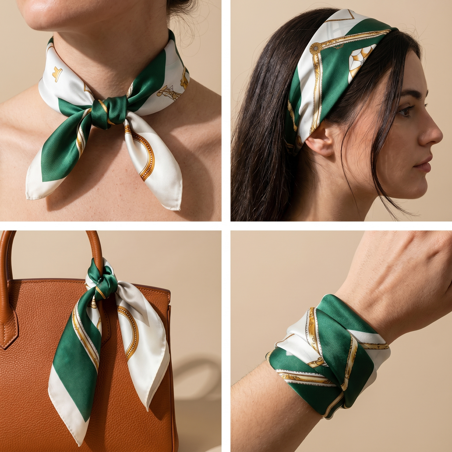 Roselys Paris foulard femme crème vert baroque carré satiné 70x70 cm, en bandeau dans les cheveux