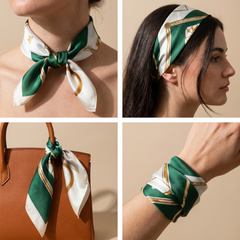 Roselys Paris foulard femme crème vert baroque carré satiné 70x70 cm, en bandeau dans les cheveux